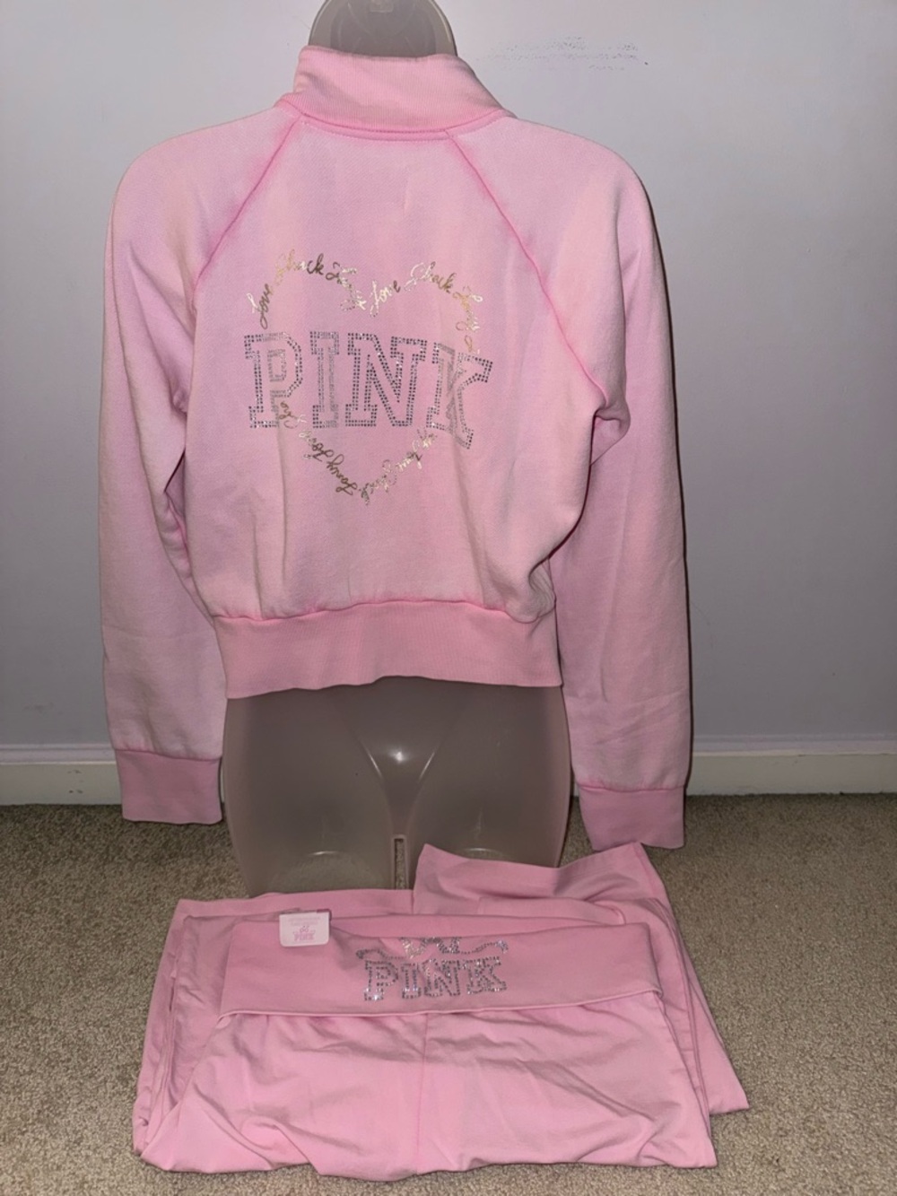 PINK x LoveShackFancy Reissued Full-Zip Cotton Foldover Flare Leggings Set M - Picture 5 of 10